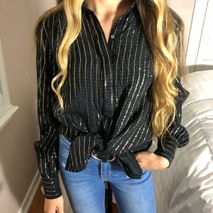 Anthropologie Luxe Fall Gold Metallic Black Top